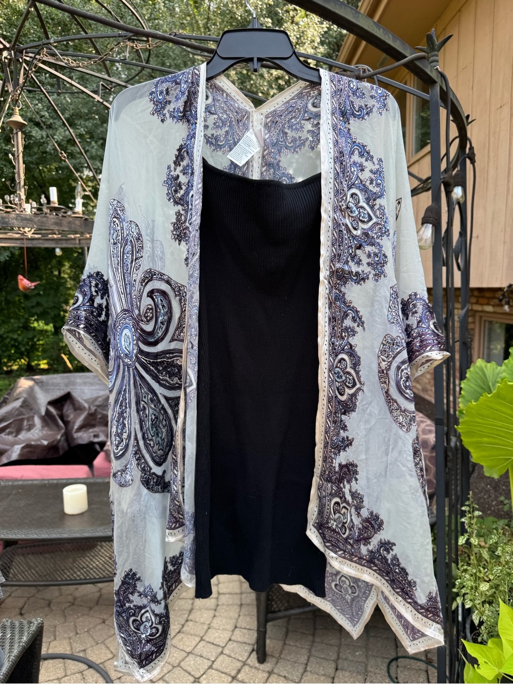 Chico's Sheer Kimono Tunic - blue sheer with Purple Paisley